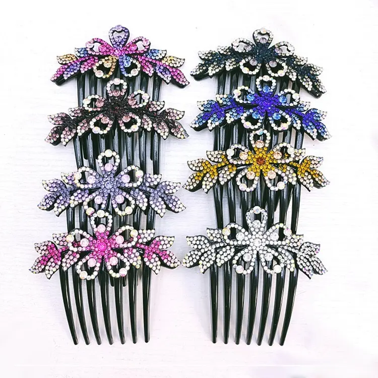 Korean Women Pan Hair Ornament Seven Teeth Luxury Flower Hair Pin Colorful Rhinestone Hair Jewelry Comb