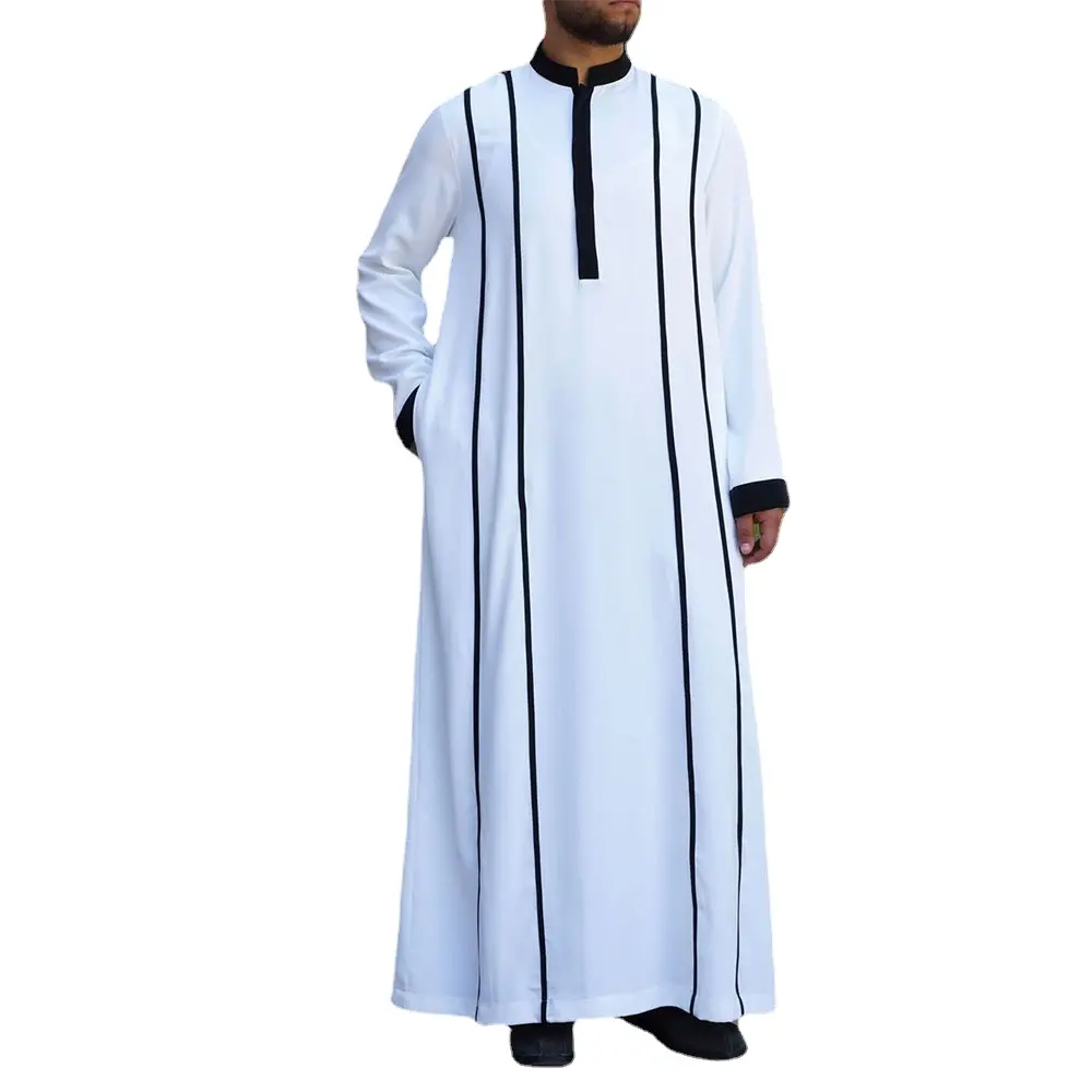 Double stripe Man Full Length Loose T Shirts full Sleeve Maxi Muslim Style Islamic Men Robes Dress Kaftan Saudi Arabia