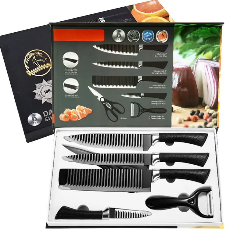 Profesyonel özel 6 adet pişirme paslanmaz çelik mutfak bıçakları siyah PP kolu ile set