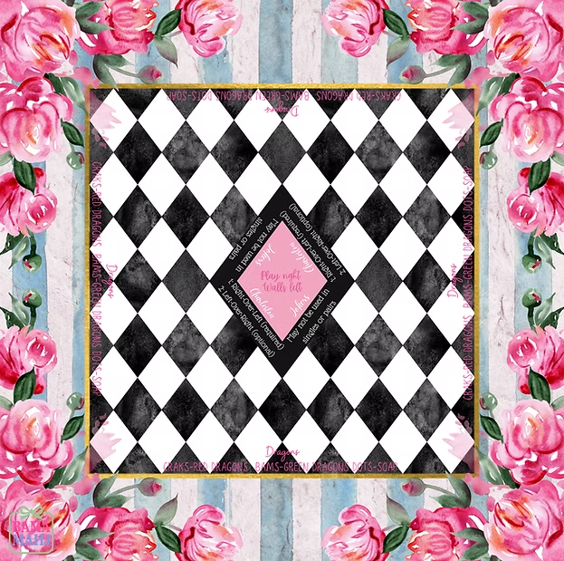 Pivoine rose, carreaux noirs et blancs.
