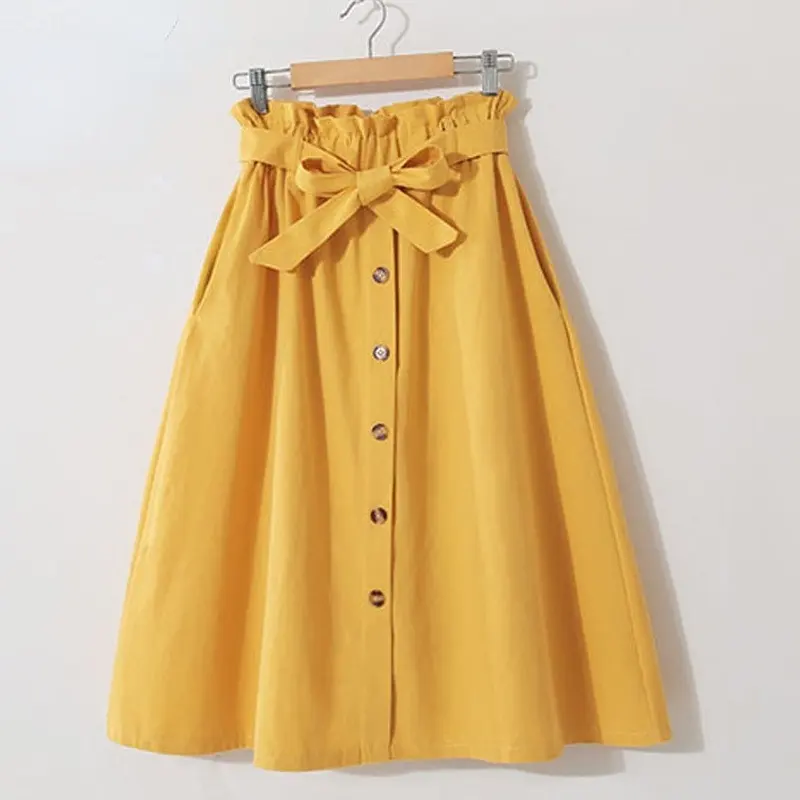 Frauen Lässige Baumwoll röcke Frühling Sommer Koreanischer Stil Solide Elegante Hohe Taille Einreihige Schleife Schnür A-Linie Midirock