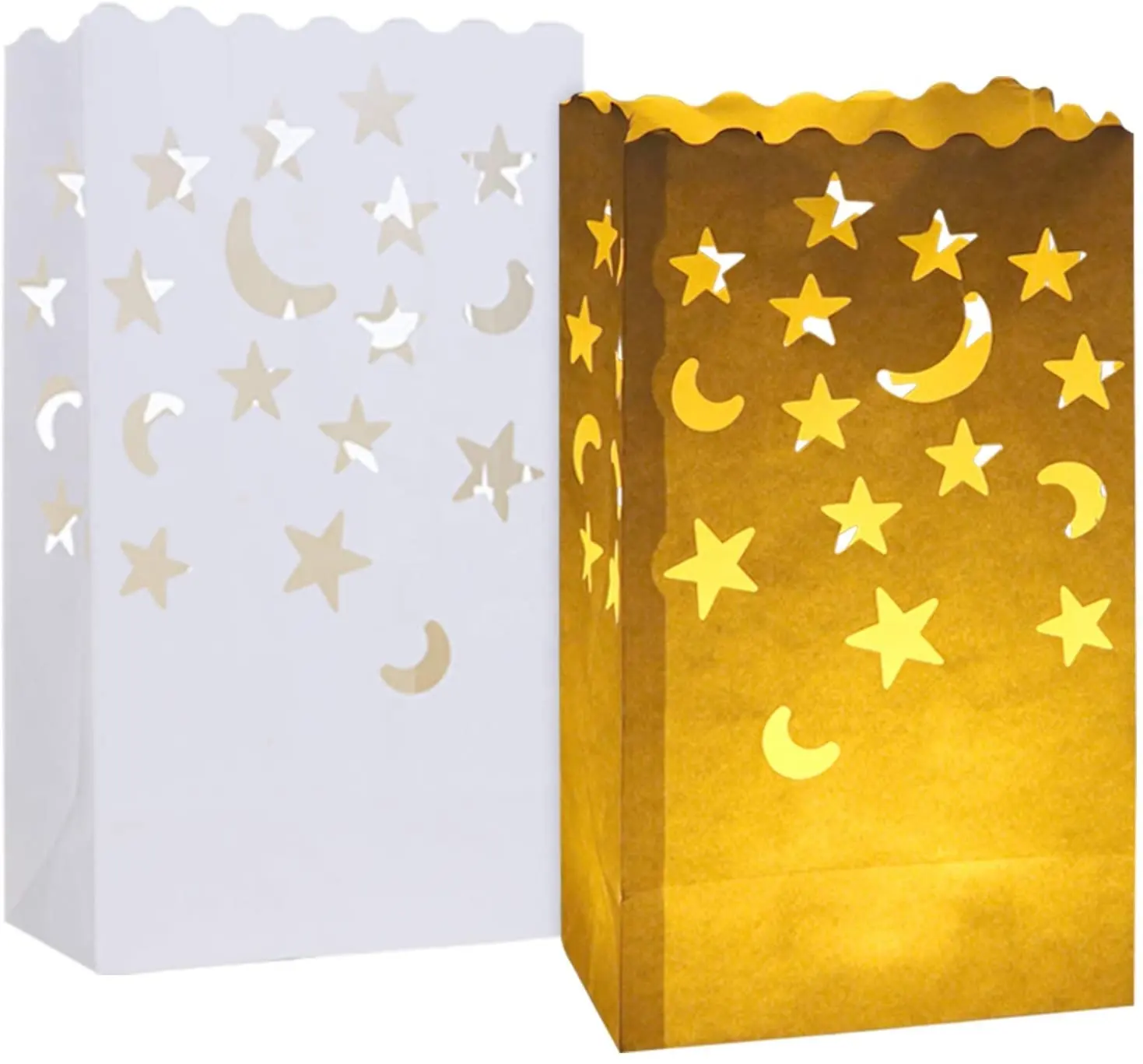 Lanternes blanches en papier ignifuge, 60 pièces, papier réutilisable, résistantes, bougie spéciale, sacs à bougies avec étoiles, lune