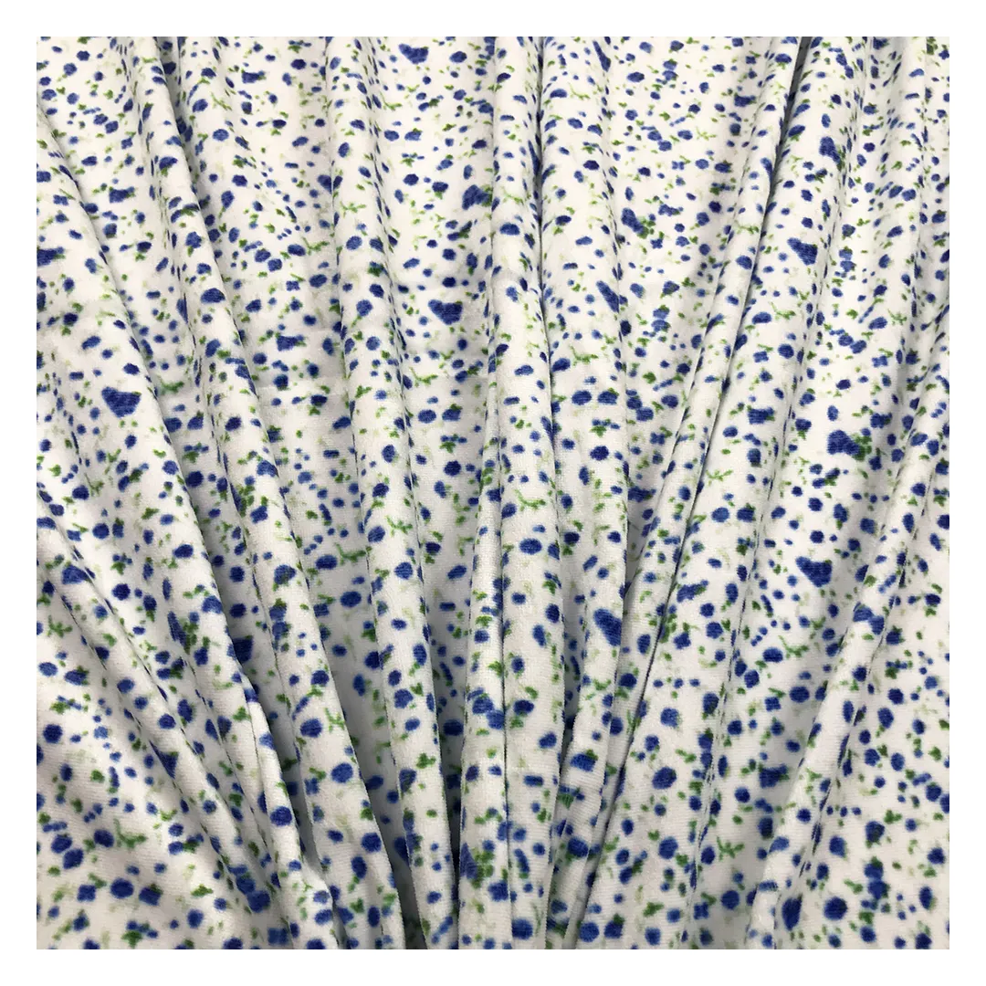फैक्टरी आउटलेट नीले फूल पैटर्न 100% पॉलिएस्टर दो रास्ता खिंचाव कस्टम प्रिंट मखमल कपड़े के लिए परिधान