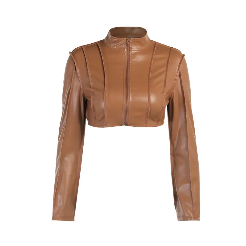 Custom design plain solid brown color v neck motorcycle ladies slim leather jacket sexy women crop genuine leather jacket