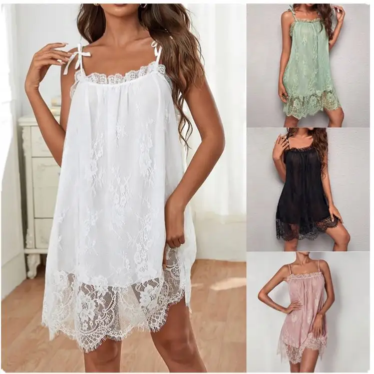 X8165 Venta directa de fábrica de tamaño personalizado, babydoll de encaje transparente maduro, vestido de camisola suelta para chicas calientes, ropa de dormir para mujer