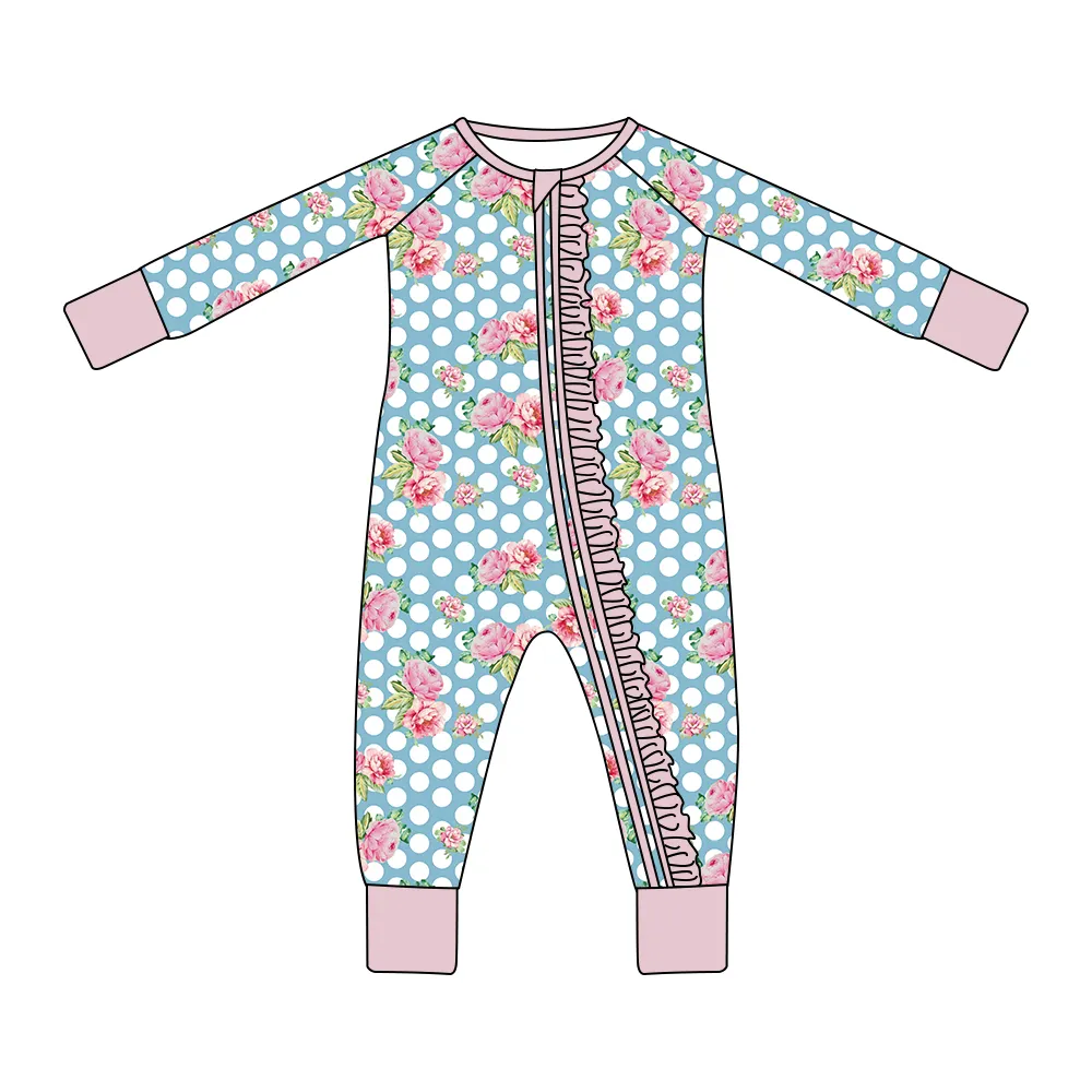 사용자 정의 디자인 모든 인쇄 부티크 하이 퀄리티 사용자 정의 유아 대나무 아기 지퍼 점프 슈트 신생아 옷 0-3 개월