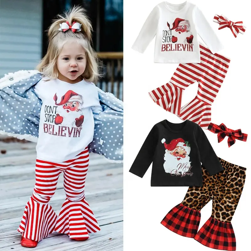 MOQなし子供服衣装ブティックベビーガールズクリスマスサンタプリントシャツとパンツセット