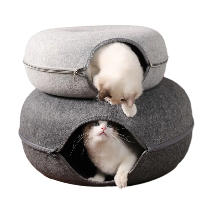Feltro duro 50cm 60cm Indoor Cat Nest House a forma di ciambella Pet Tunnel Cave Bed con cerniera per gatti