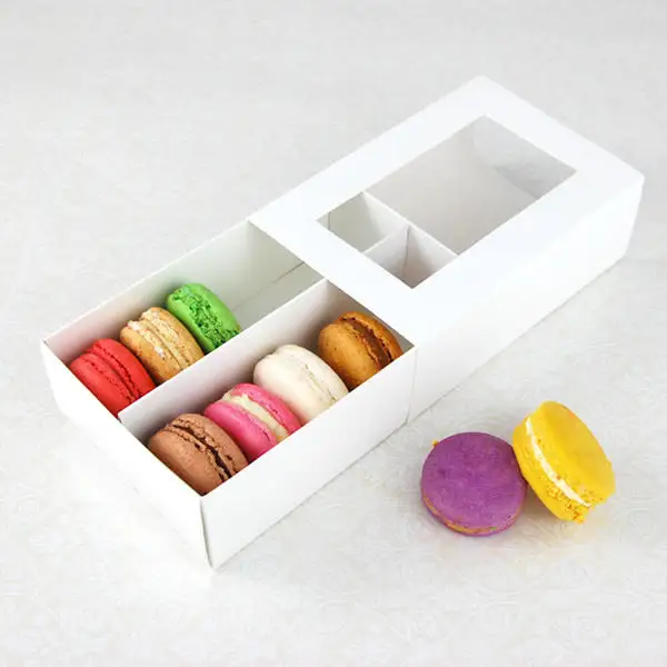 Paquete de regalo de pastelería de grado alimenticio blanco moq bajo de lujo, caja de embalaje de macarrón con cajón abierto deslizante con ventana transparente