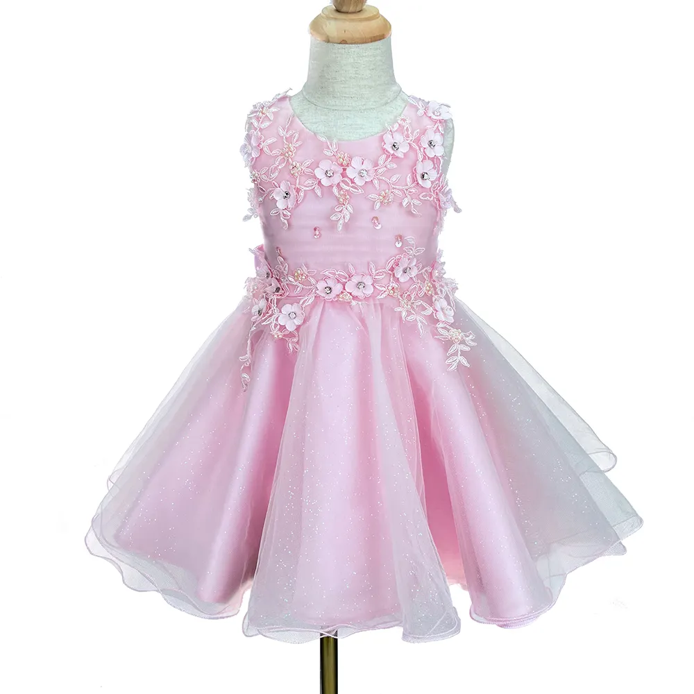Whole sales Satin Bordado Beading Sem Mangas Crianças Wedding Ball Gown Fantasia Princesa Beautiful Girl Party Dress
