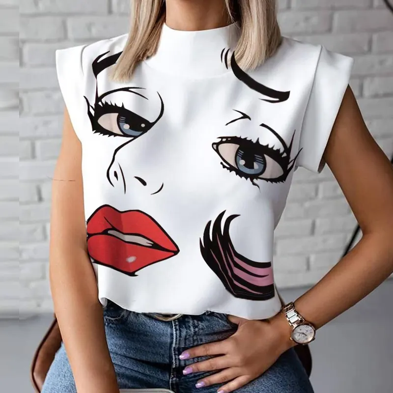 Femmes stand Neck pas cher fabrication Blouse nombril crop tops sans manches femmes t-shirt femmes blouse tops