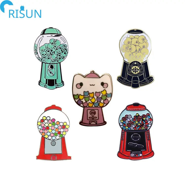 Toptan emaye Pin Vintage Gumball makinesi özel Logo tatlı şeker broş çocuklar iskelet Gumballs yumuşak sert emaye yaka iğnesi