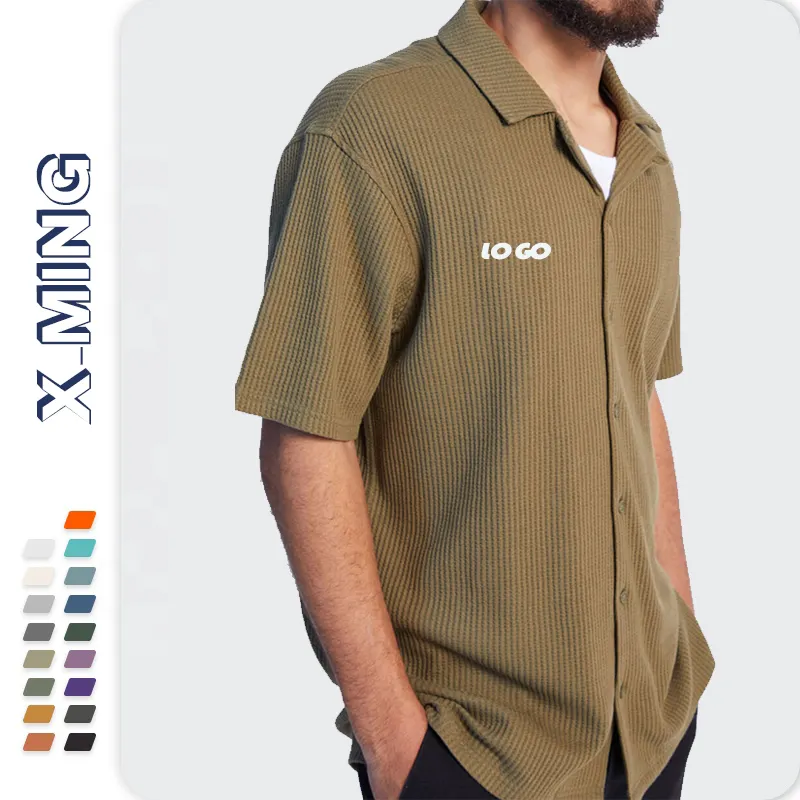 कस्टम डिजाइन वफ़ल बुनना शर्ट बटन अप आरामदायक पुरुषों की लघु बांह की शर्ट फिट के लिए आउटडोर विंटेज कपास ग्रीष्मकालीन शर्ट्स पुरुषों