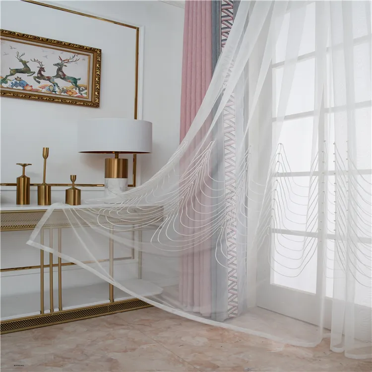 Cortina transparente moderna para sala de estar, tela de cortina transparente blanca bordada para ventanas