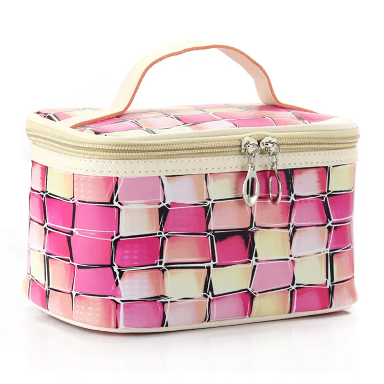 Косметическая Дорожная сумка из искусственной кожи для женщин и девочек, переносная розовая сумка для макияжа