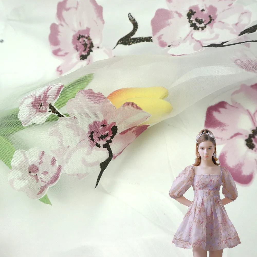 ソフトカスタム刺繍バーンアウト100% ポリエステル花柄フラワープリントオーガンザ生地ドレス用