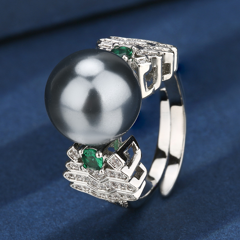 Bague ouverte à perles vert-gris
