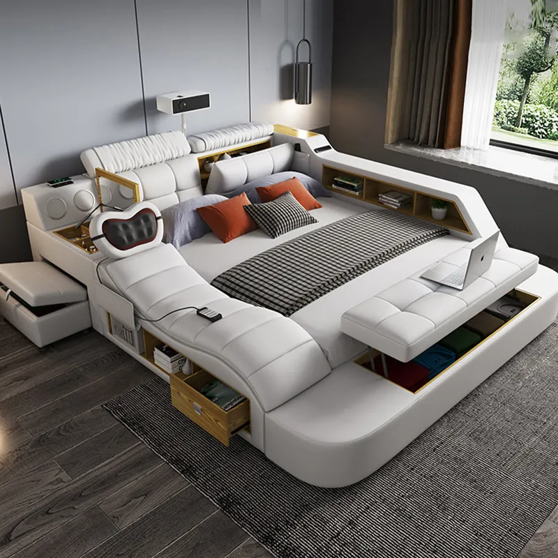 Multifunktion ales Tatami-Bett Haupt schlafzimmer Modernes einfaches Leder-Doppelbett Smart Projector Hochzeits bett