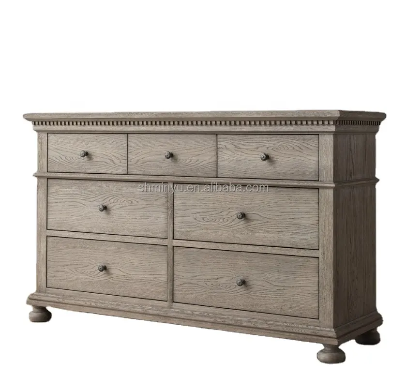 Modern American Style Bedroom Furniture Set armário de madeira maciça Grey Oak armários de madeira de 7 gavetas