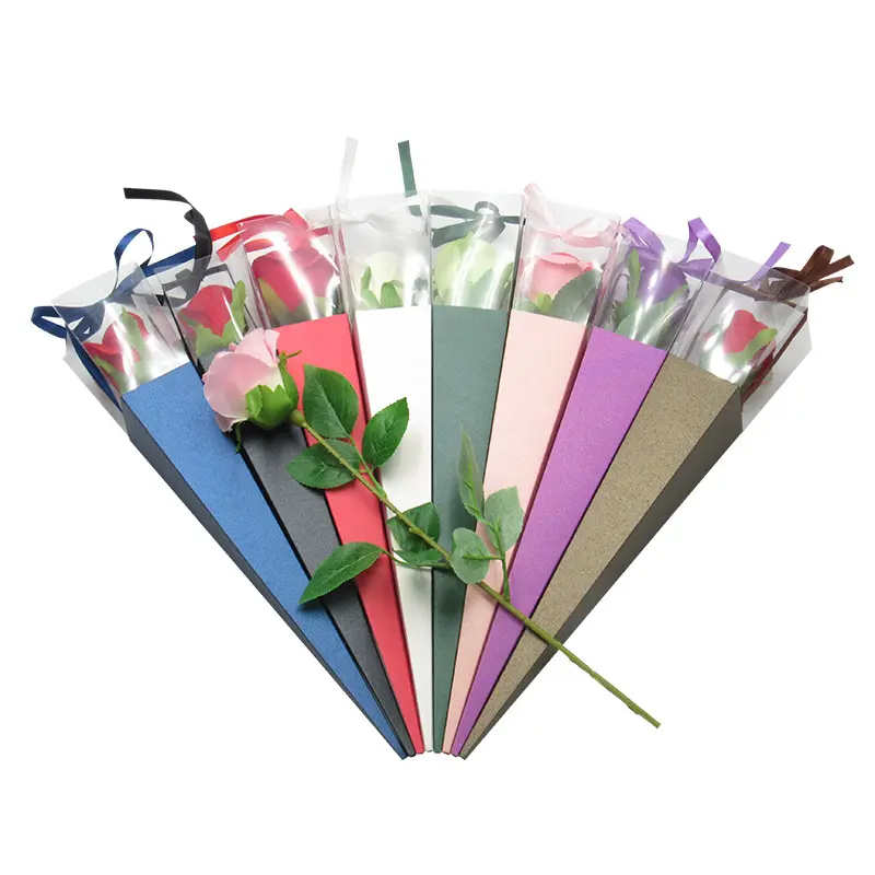 Nuevas llegadas personalizadas Caja de flores de papel de 42cm Cono Caja de rosas de tallo largo único Regalo para cajas de flores de embalaje