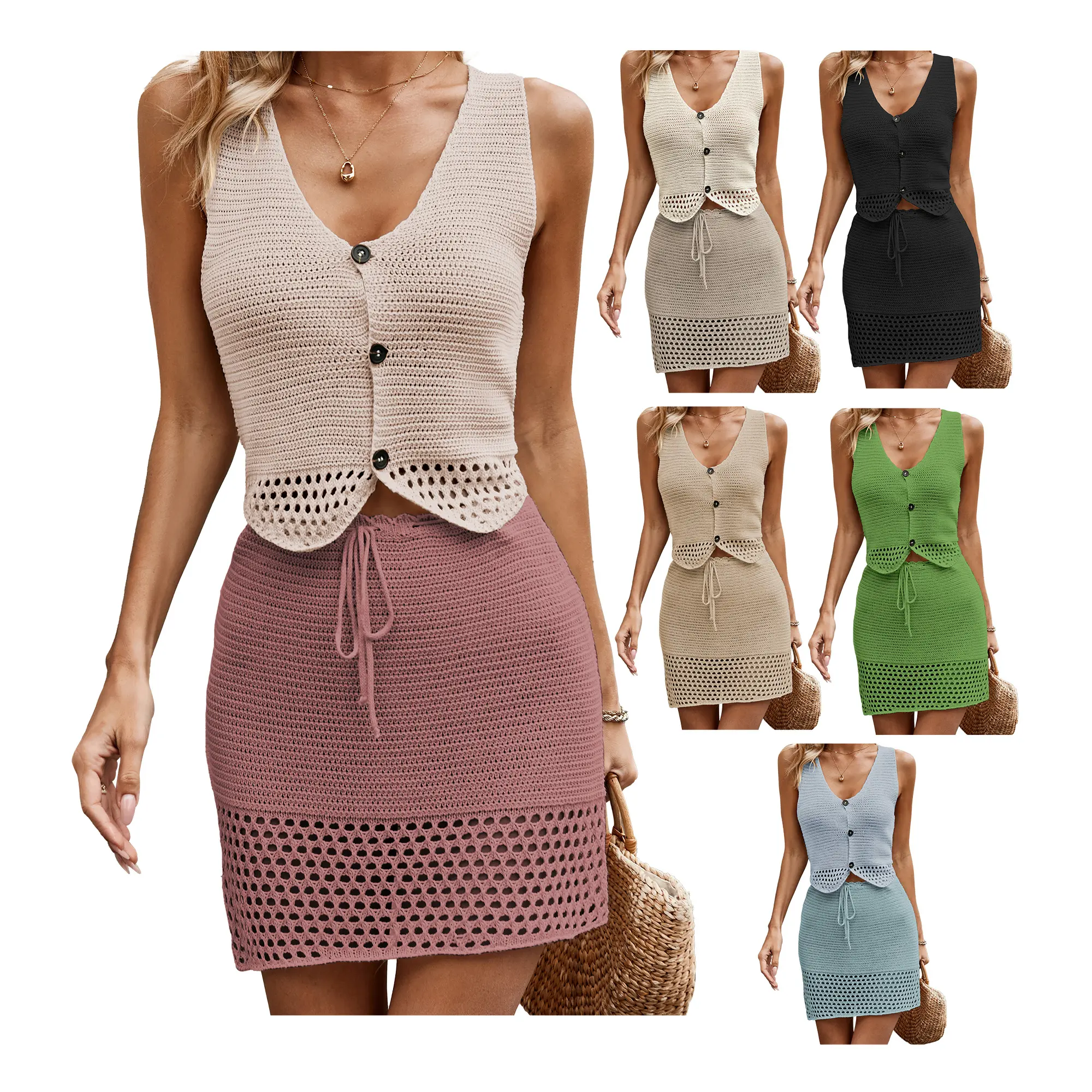 Wholesale 2 Pieces Eyelet V Neck Button Down Sleeveless Knit Tank Tops   Crochet Hollow Out Mini Dress Set