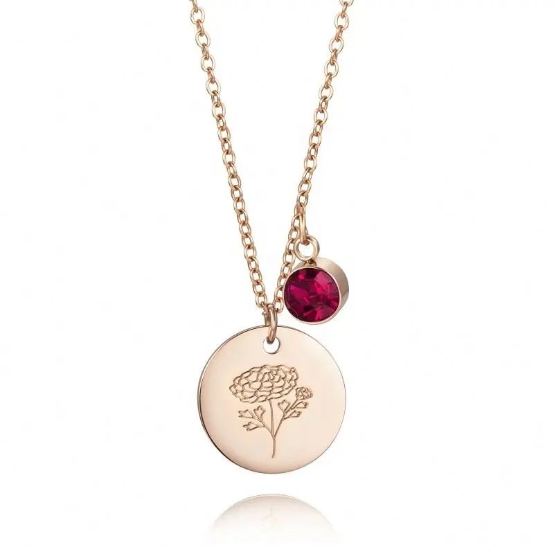 Collier pendentif disque gravé en acier inoxydable or Rose Non terni pour femme, collier fleur d'anniversaire et de naissance, bijoux