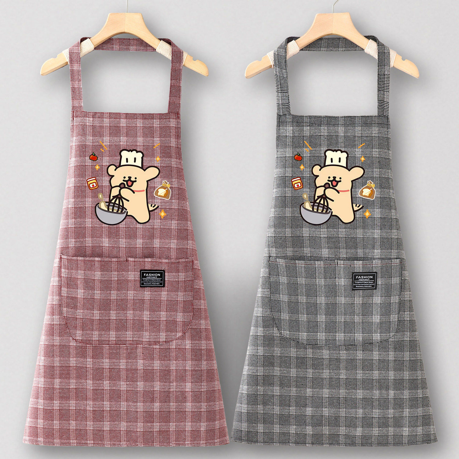 Cute Chef Bear Cotton Cloth Small Plaid Neck-Hanging Black+Red