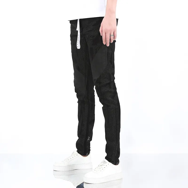Yüksek sokak kot üreticileri trendy marka PUR siyah kaplı desen kot yıkanmış streç küçük bacaklı pantolon erkekler kot