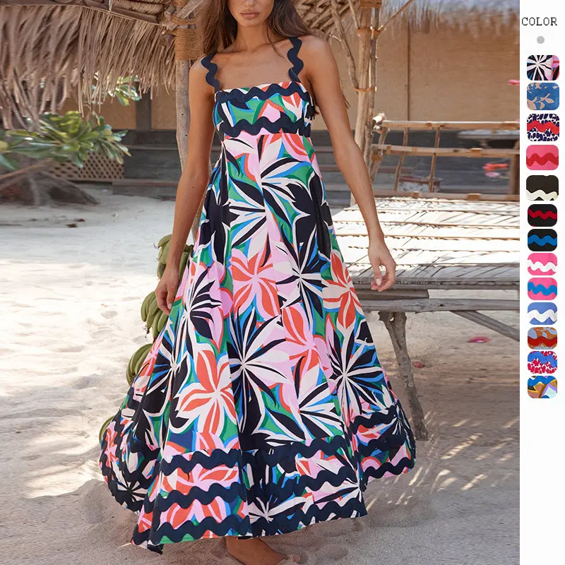 Vestidos de verano para las mujeres Correa Impreso Vestido Largo Señora Casual Sin Mangas Mujeres Vacaciones Vestido de Playa