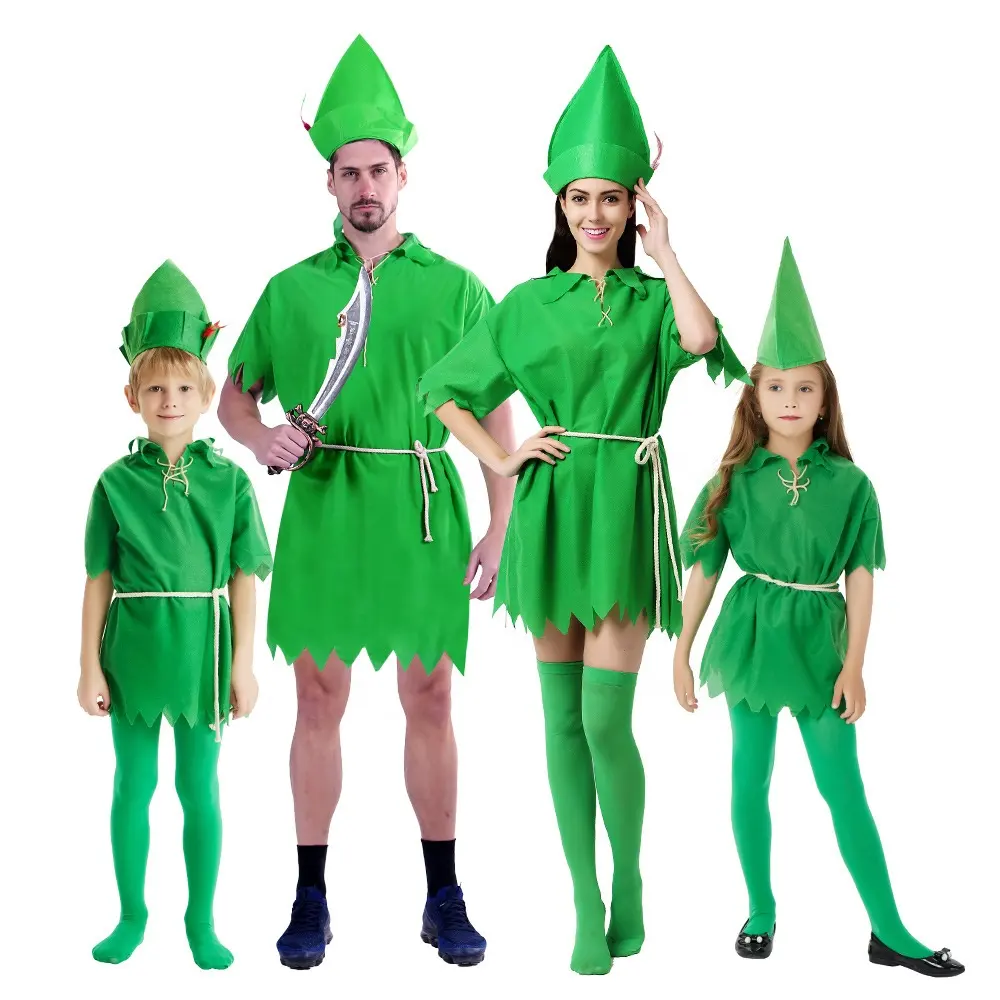 Ropa de actuación para padres, niños y niñas, disfraz de Peter Pan, Carnaval, fiesta de Halloween, Verde