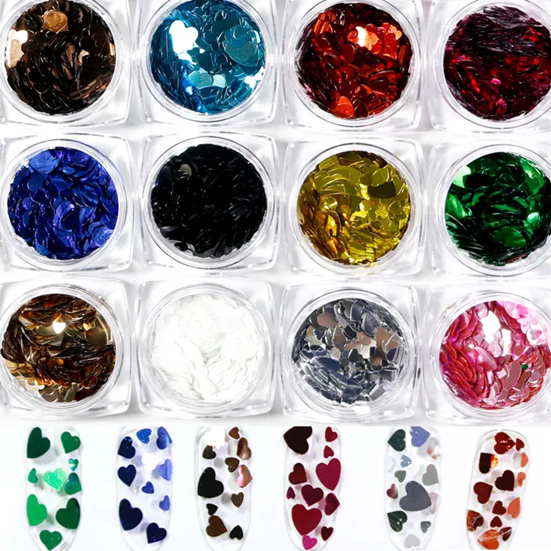 Kit de paillettes à ongles en forme de cœur, 12 couleurs, décorations Nail Art, Laser, flamme et papillons, amour