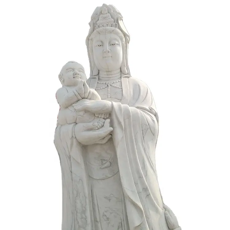 Produttore in marmo bianco naturale intagliato statua Kwan yin/Guan yin con bambino