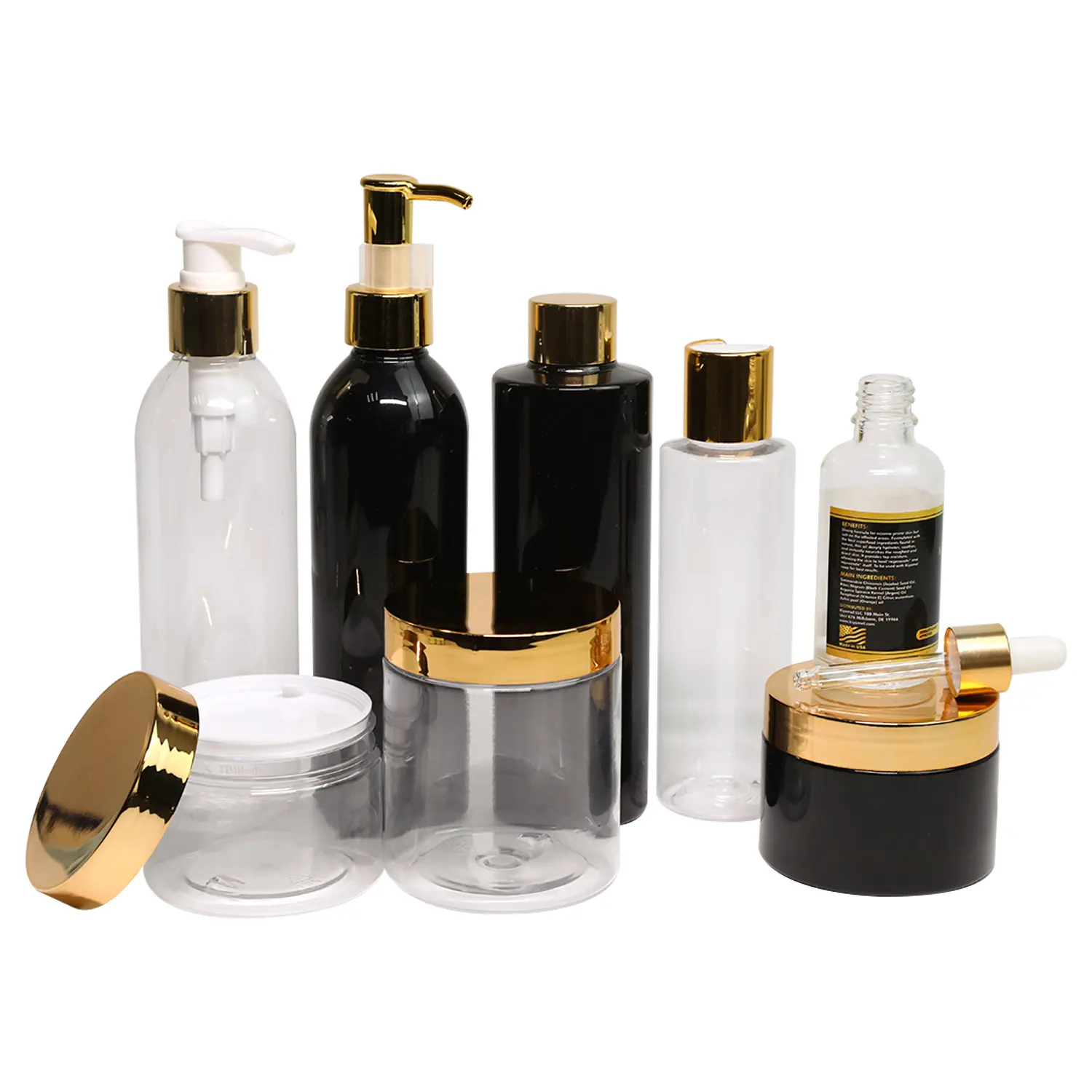 Juego de cosméticos de lujo, 2oz, 4oz, 6oz, 8oz, reciclable, dorado, libre de BPA, frasco de plástico para crema, champú, aceite, acondicionador, botella de bomba