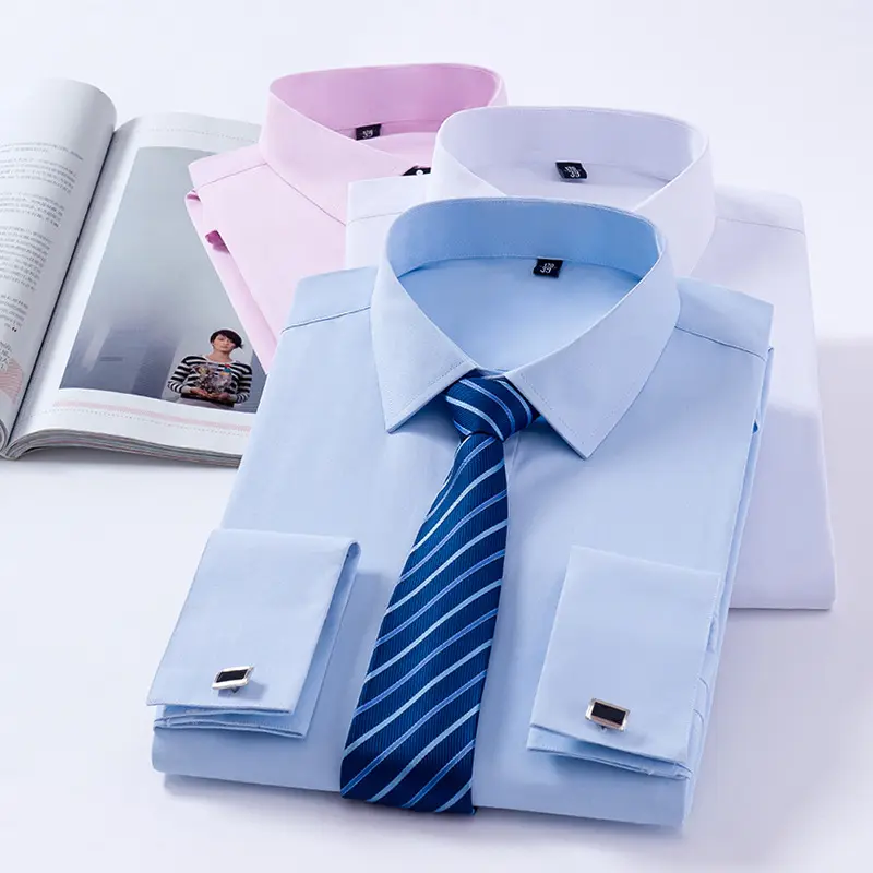 Camisa entallada de manga larga para hombres, prenda de vestir de negocios, color blanco, con mancuernas francesas, color liso, color blanco, sin solapa oscura, para otoño