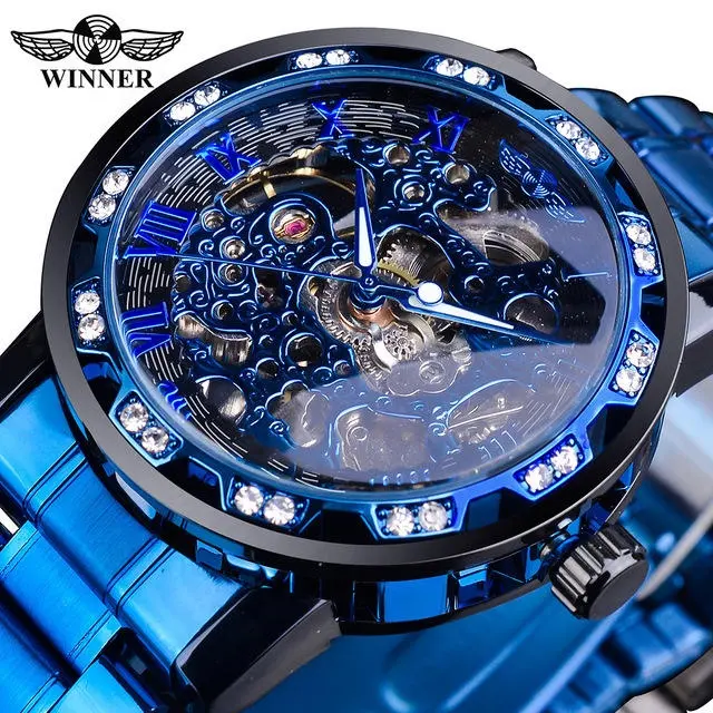 ニファー新しい透明ダイヤモンド機械式時計ステンレス鋼スケルトン時計トップブランド高級ビジネス発光男性時計