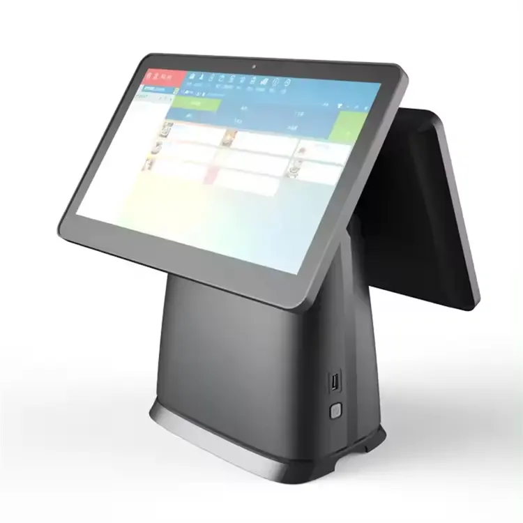 ماكينة تسجيل النقدية بشاشة مزدوجة ونظام لمس OEM POS ماكينة لبيع التجزئة بالمطاعم بنظام ويندوز 10