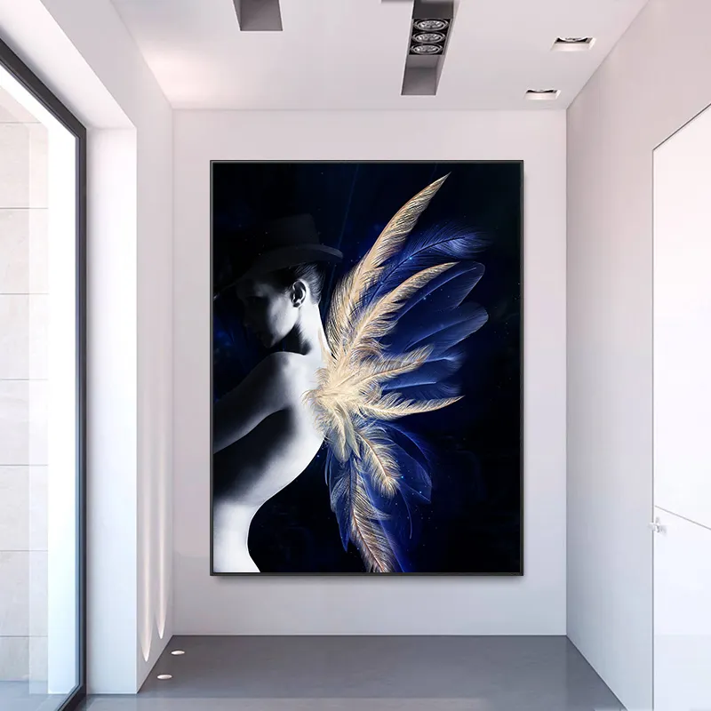 Modern Canvas Poster Abstract Woman Portrait Fantasy Feather Wings Canvas Wall Art Painting