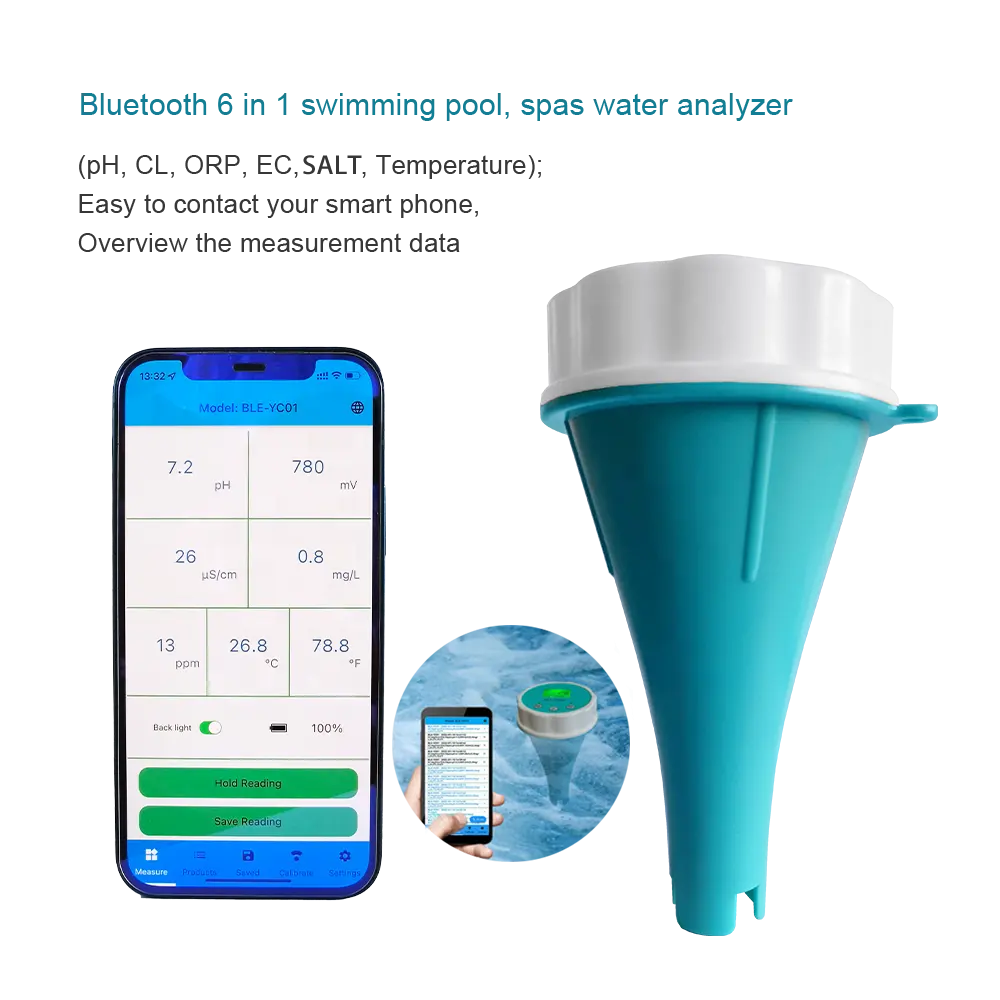 Analizador de agua salada 6 en 1 para piscina, analizador inteligente flotante de agua salada 6 en 1, pH, cloro, ec, ppm, orp, probador de temperatura para spa y piscina con aplicación bluetooth