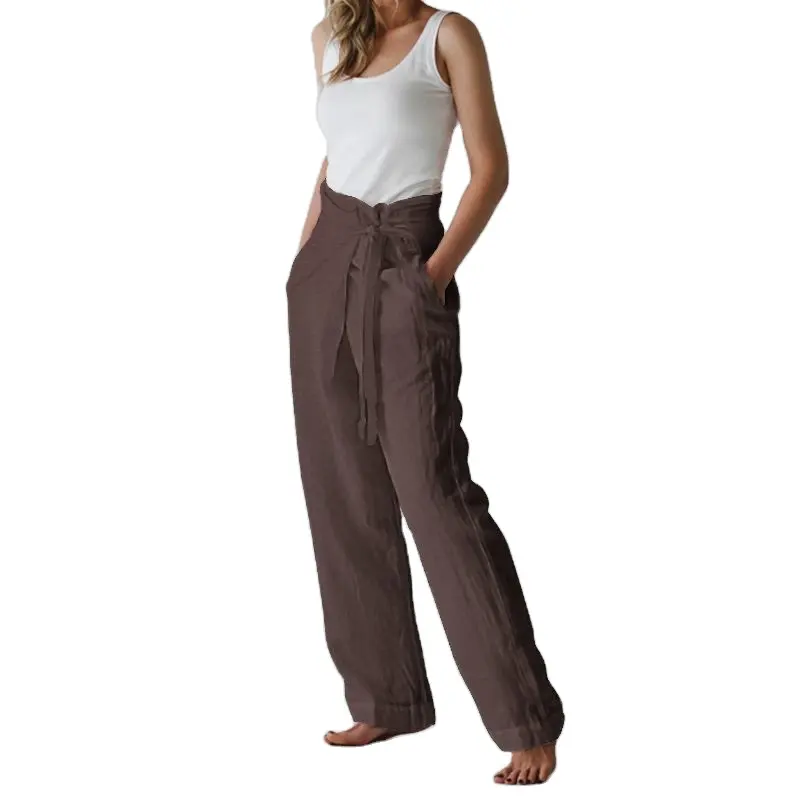 Calças femininas de linho e algodão, calças femininas de linho com cintura elástica, folgadas, casuais, brancas, de bolso, nova, 2022