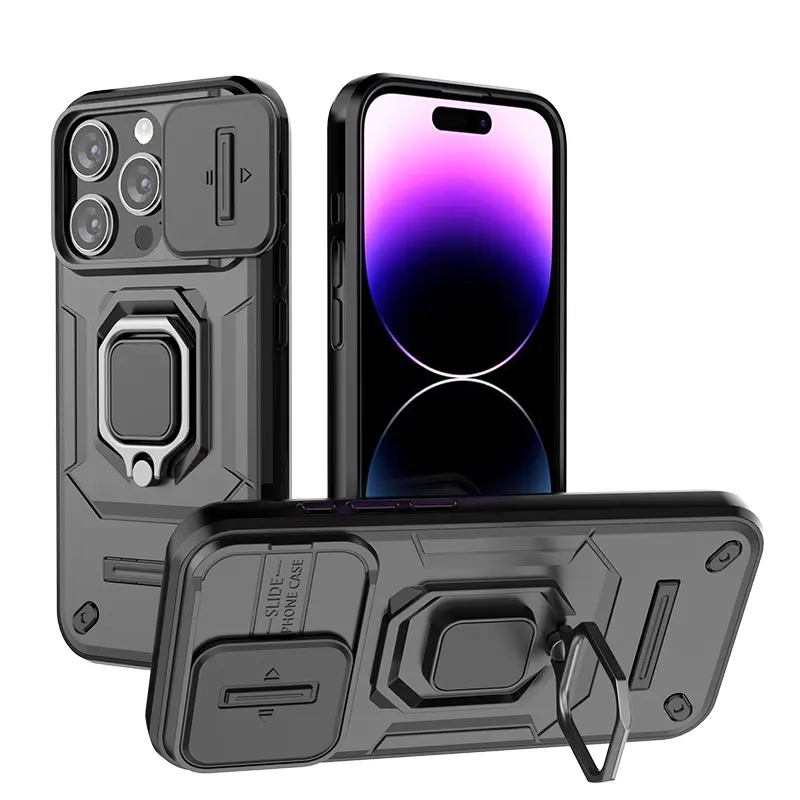 Capa de celular com câmera deslizante para iphone15, com suporte de suporte para carro, capa resistente para iphone13 14