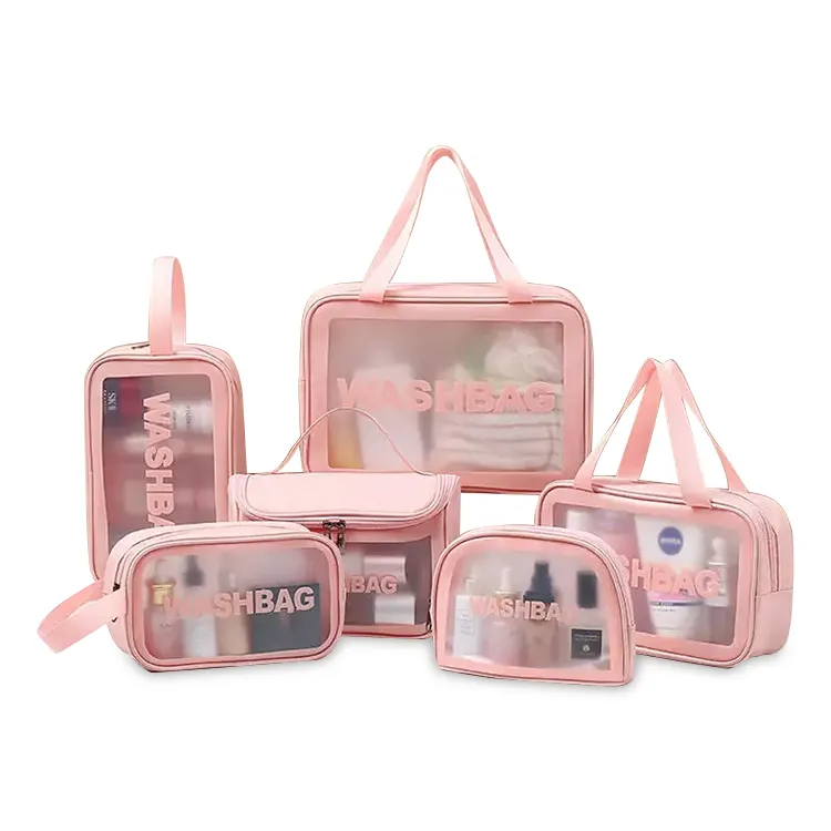 Cheap Wholesale Bulk Cosmetic PVC Pink Handbags Transparent Make Up Travel Toiletry Storage Bag With Zipper