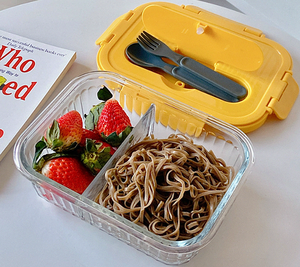 1000ml 2つまたは3つのコンパートメント電子レンジ対応ガラスランチボックス、蓋とカトラリーセット付き - Product Image 4