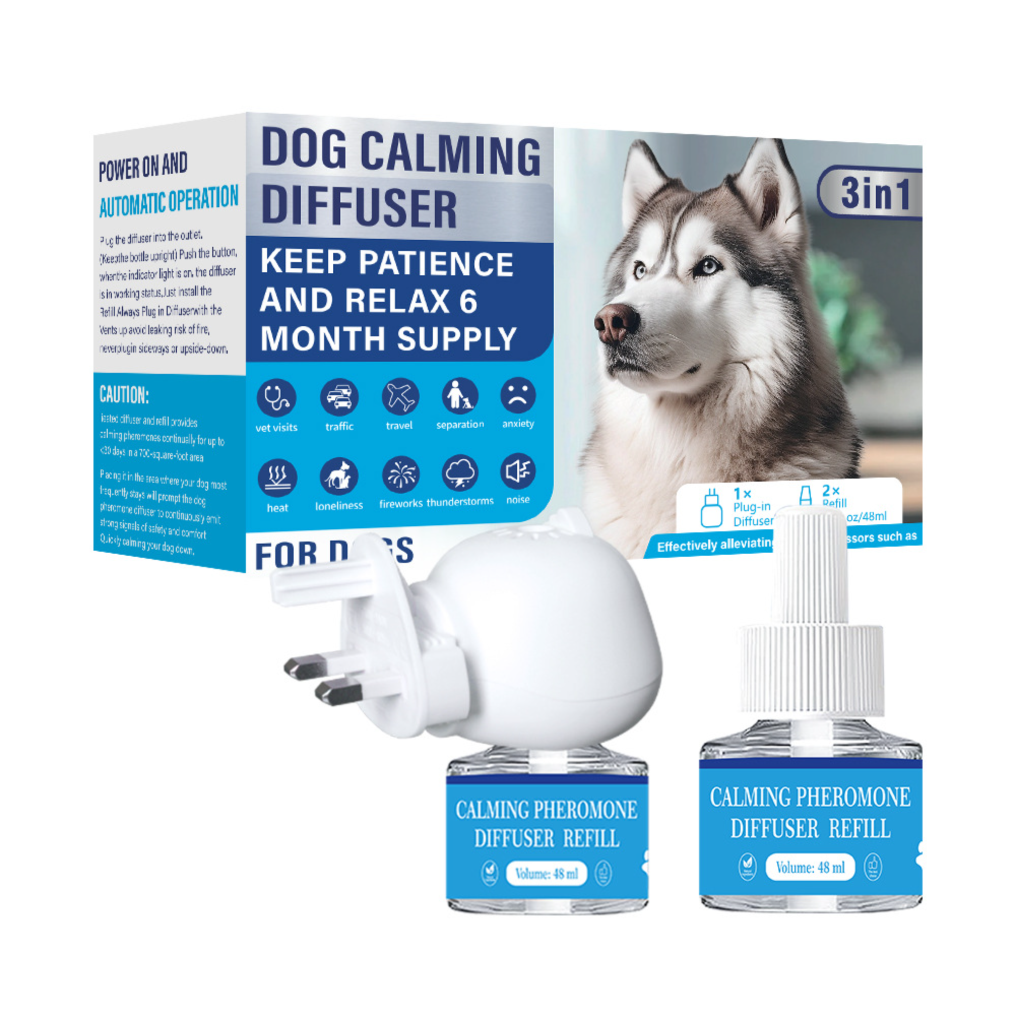 Liquide calmant et apaisant pour chiens, conforme aux normes britanniques (1 unité + 2 liquides)
