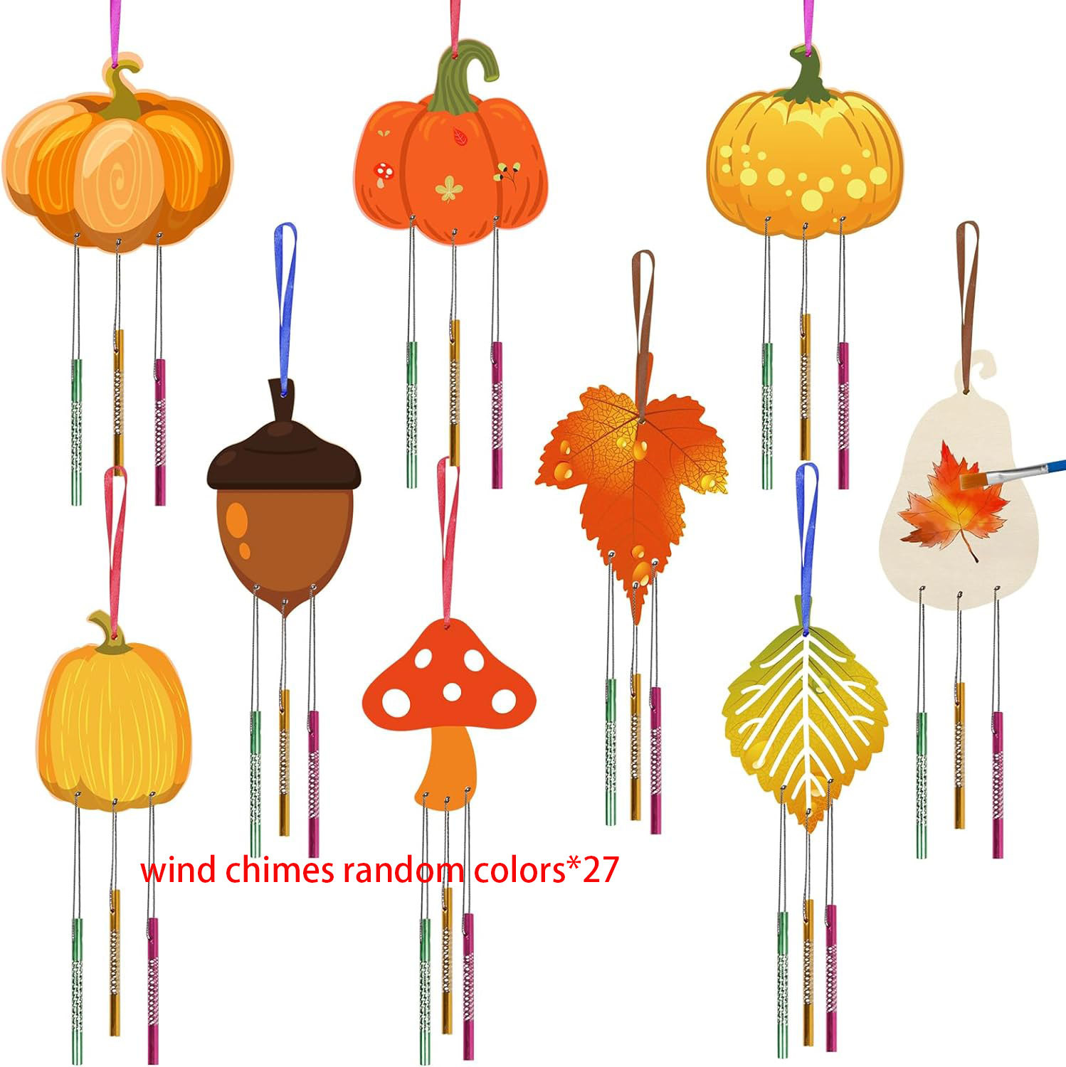9 feuilles d'érable citrouille, 27 cordons de carillon éolien, deux fleurs de prunier dr