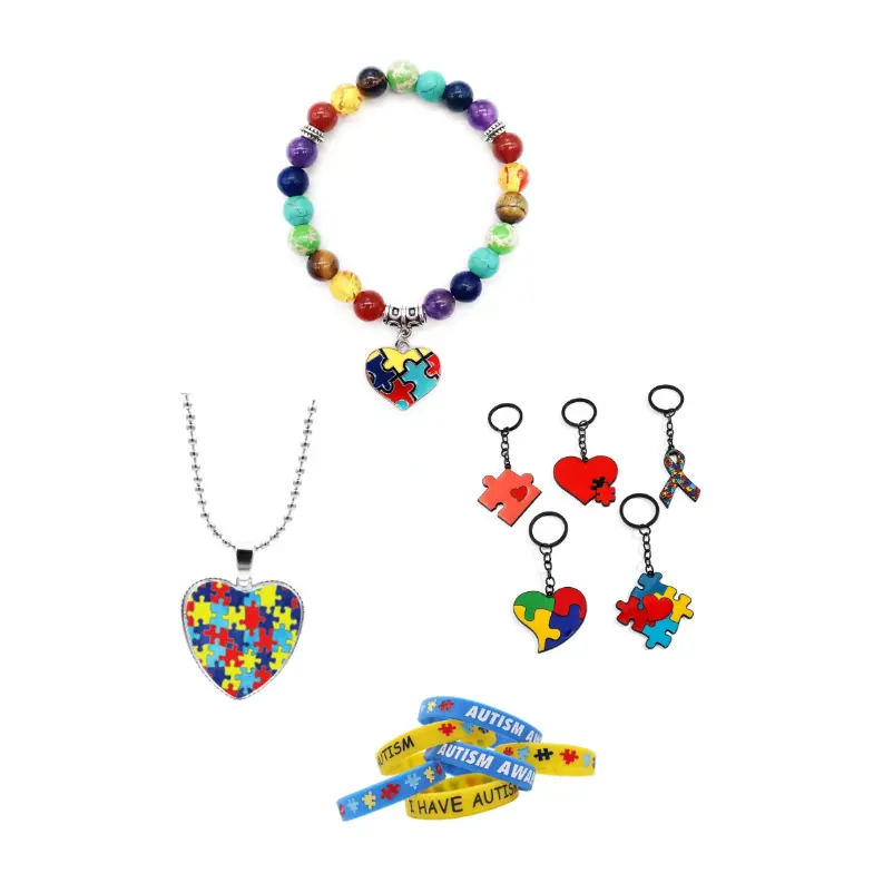 Sensibilisation à l'autisme 7 Chakra Gemstone Crystal Beaded Bracelet Bijoux pour mamans Fête des mères Cadeau Ruban Coeur Pendentif Collier