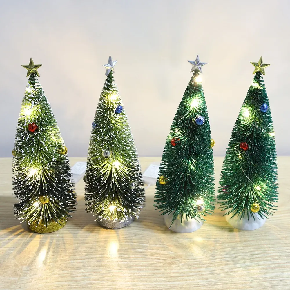 क्रिसमस होम टेबलटॉप आभूषण एलईडी लाइट अप लघु सिसल बोतल ब्रश पेड़
