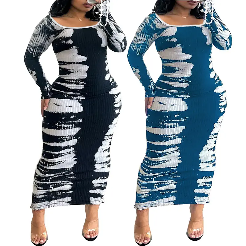 2024 नए उत्पाद प्लस साइज महिलाओं के कपड़े बुना हुआ ज्यामितीय पैटर्न डिजिटल प्रिंट स्ट्रेट मैक्सी ड्रेस