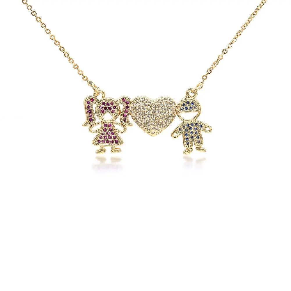 Vente en gros de collier pendentif garçon et fille de personnage de dessin animé mignon pour enfant, breloque coeur d'amour, collier en zircon, bijoux