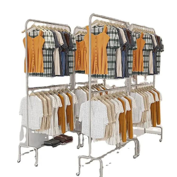 Sıcak pratik Ddouble katmanlı 2-in-1 ağır zemin mobil gümüş ferforje elbise rafı erkek ve kadın giyim mağazaları