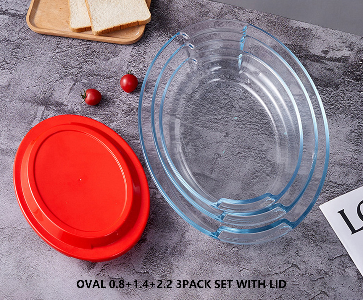 Ensemble de 3 récipients ovales 0,8+1,4+2,2L avec couvercle